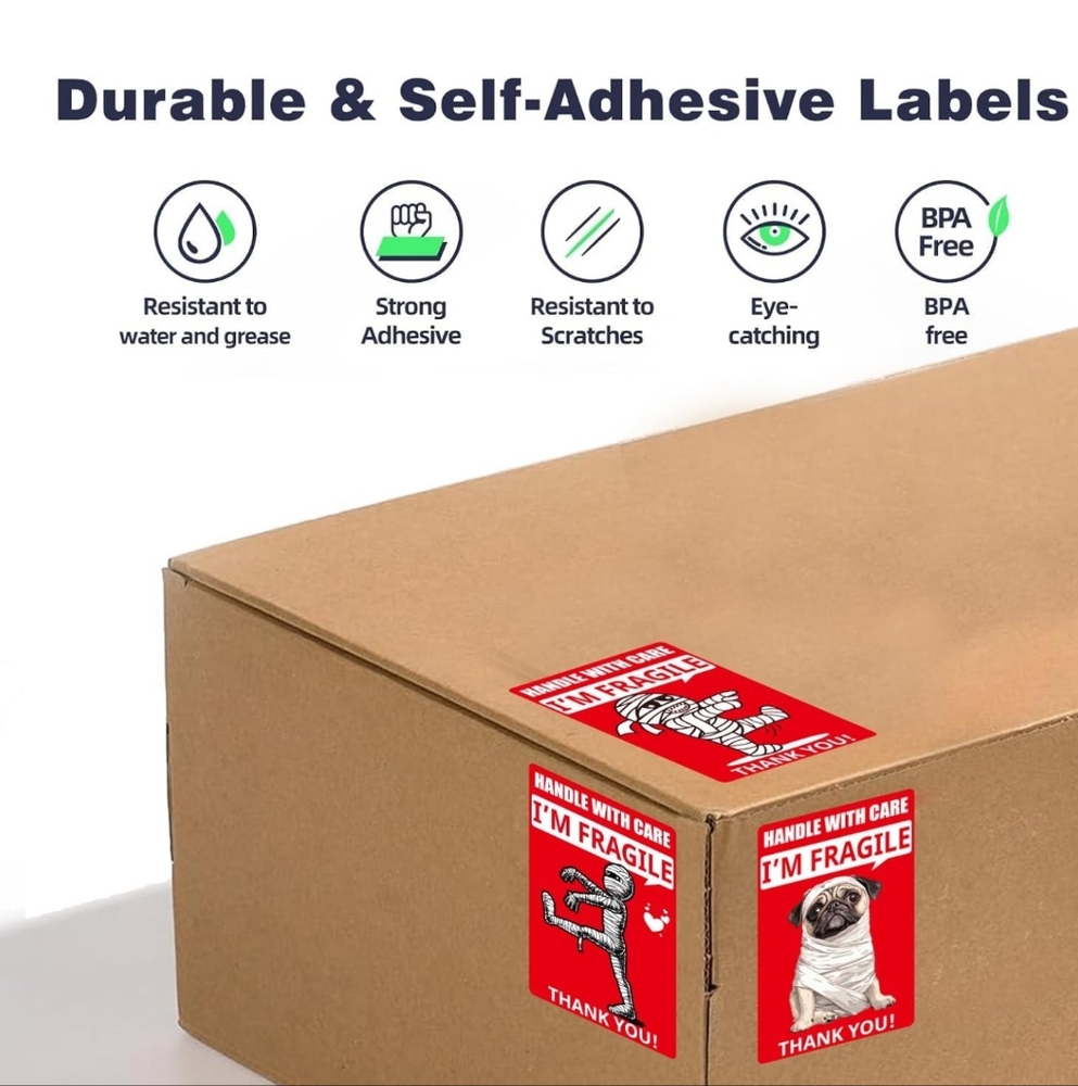 Funny Fragile Labels - Mummy & Dog - 120 count - 3" x 2" - Red Black White - Picture 2 of 6